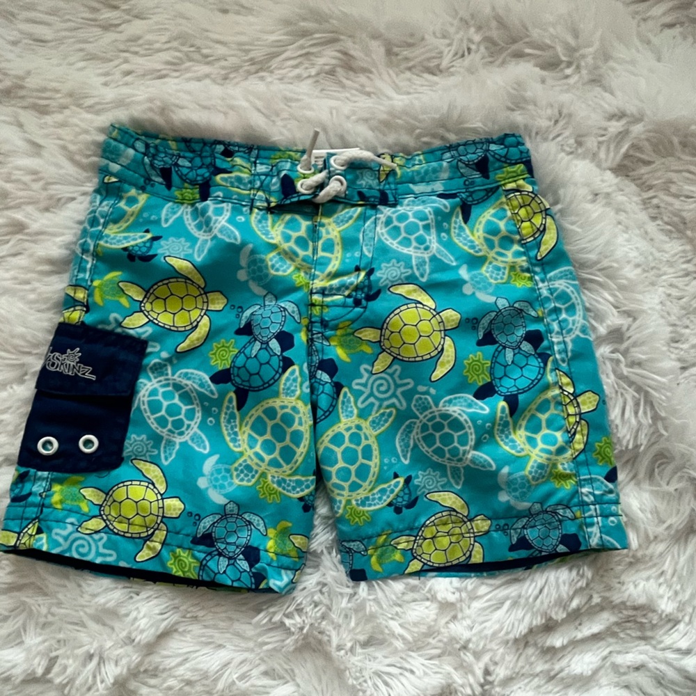 Kids Swim Trunks with Turtle Print - Blue and Green